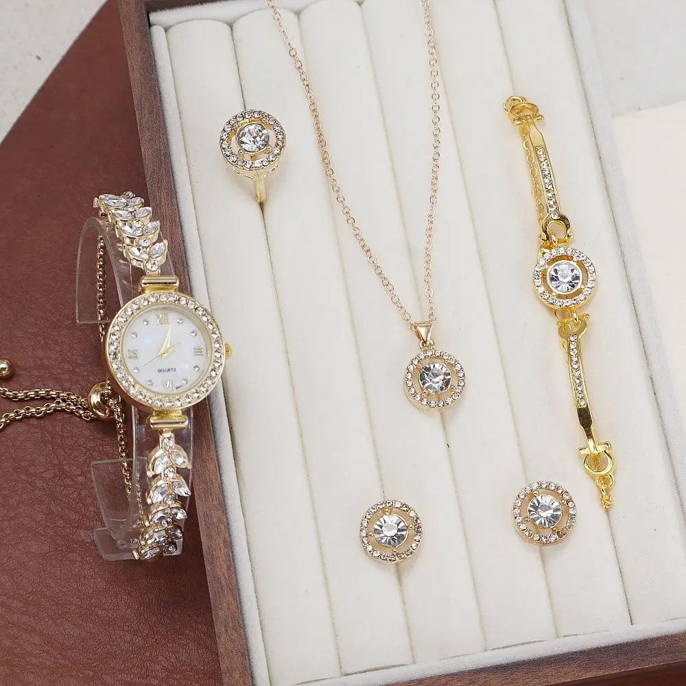 Round Diamond Fish Tail Women's Watch Five Piece Set Bracelet Watch Ring Necklace Earrings Luxury Girl Gift Set