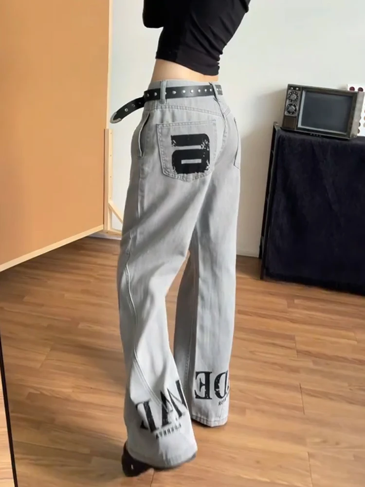 

Retro Streetwear Denim Jeans Women's Sexy Letter Print Micro Flared Pants l Waist Zipper Closure Four Seasons Wear