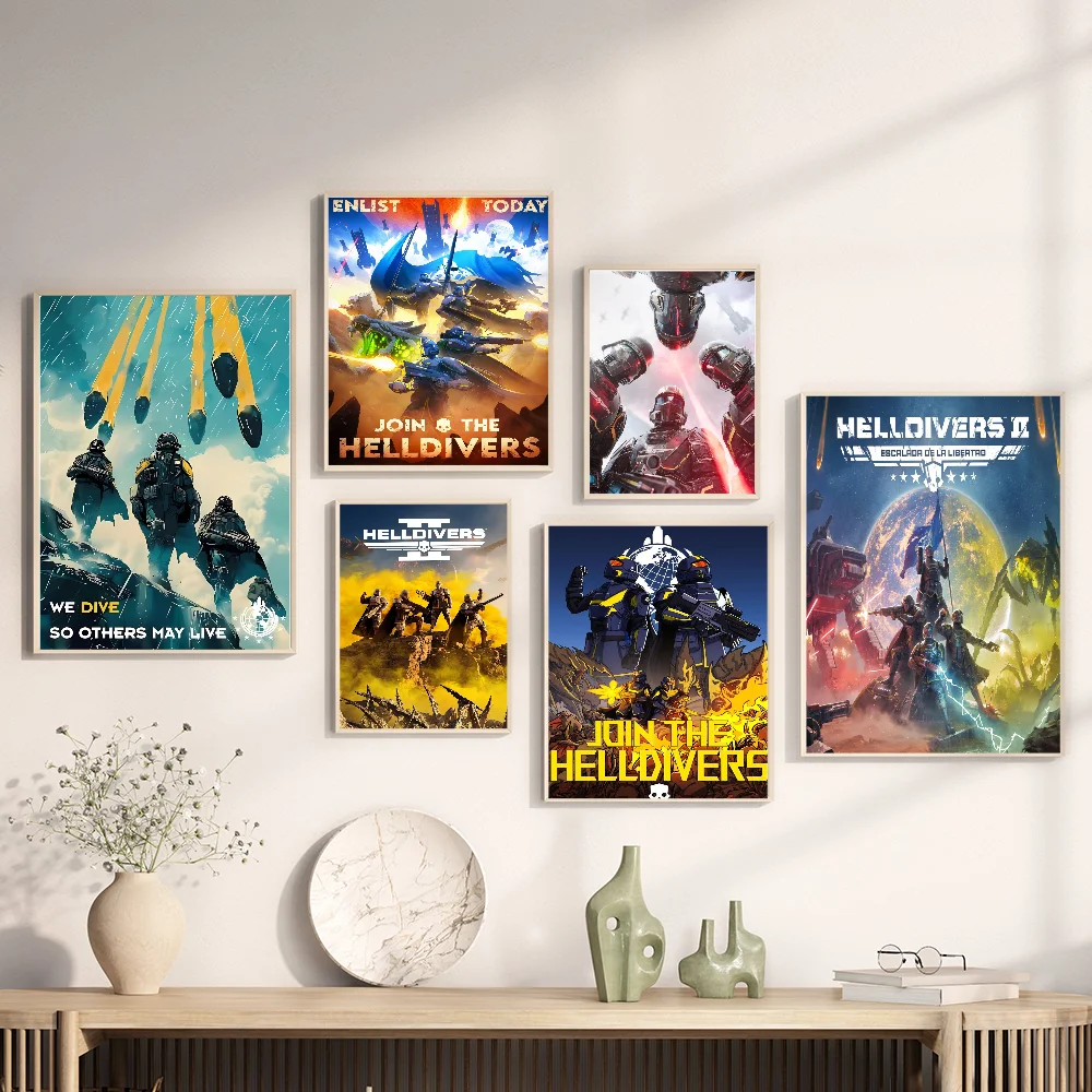 Helldiver 2 videogame clássico filme cartazes adesivo de papel à prova dwaterproof água café casa bar decoração arte adesivos de parede