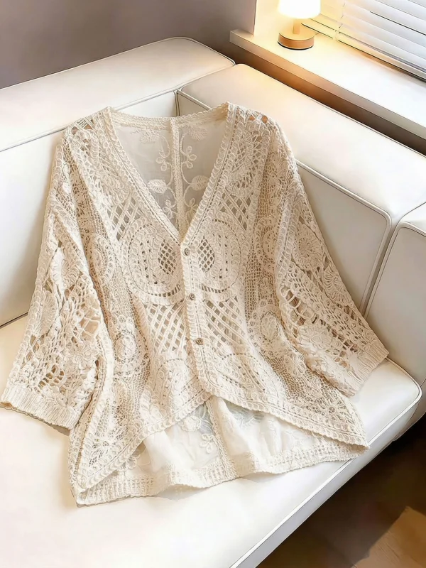 Women's Bohemian Style Hooked Hollow Knitted Cardigan Summer New plus Size Outerwear Top V-neck Seven-sleeve Korean Version