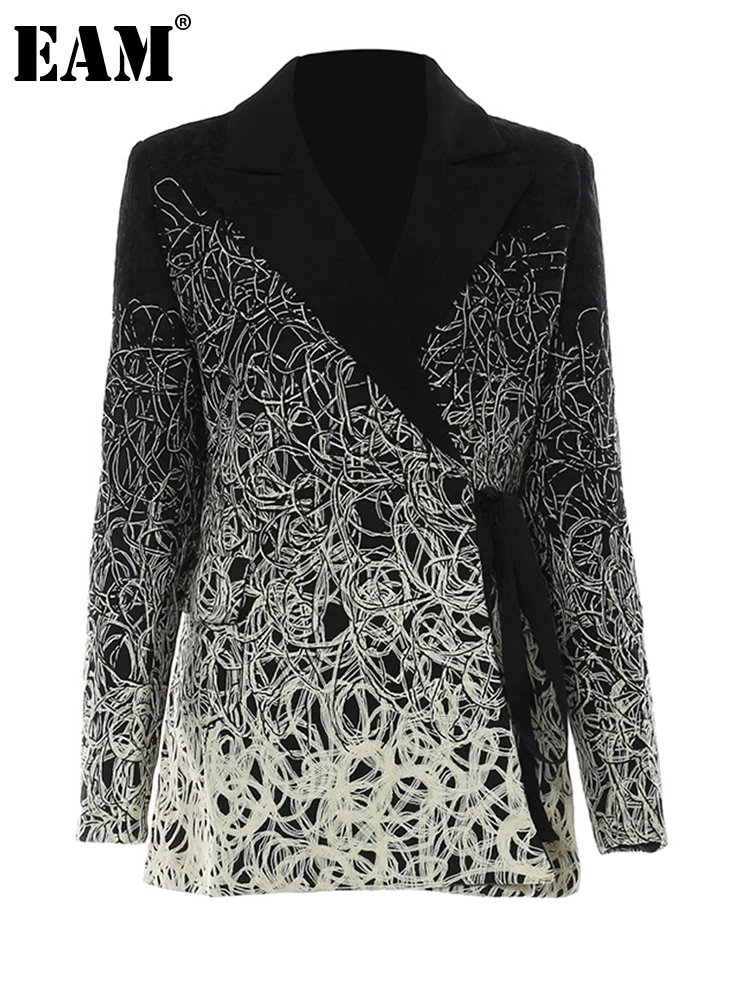 EAM-chaqueta holgada de manga larga para mujer, Blazer negro bordado de talla grande, con solapa, a la moda, para primavera y otoño, 2024, 17A4201H