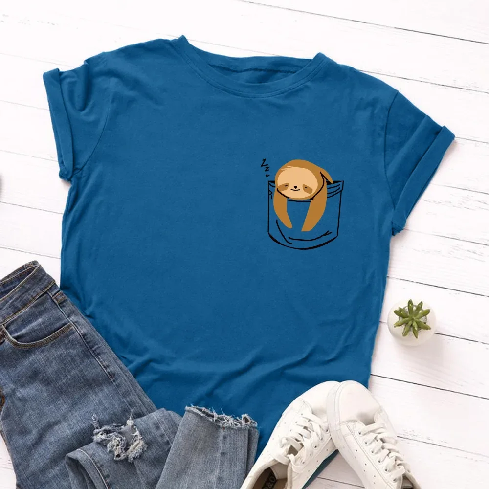 JFUNCY Short Sleeve Tee Women Top Oversized Cotton T-Shirt Female Summer Clothes Cute Sloth Pocket Graphic 2024 Women's T Shirts