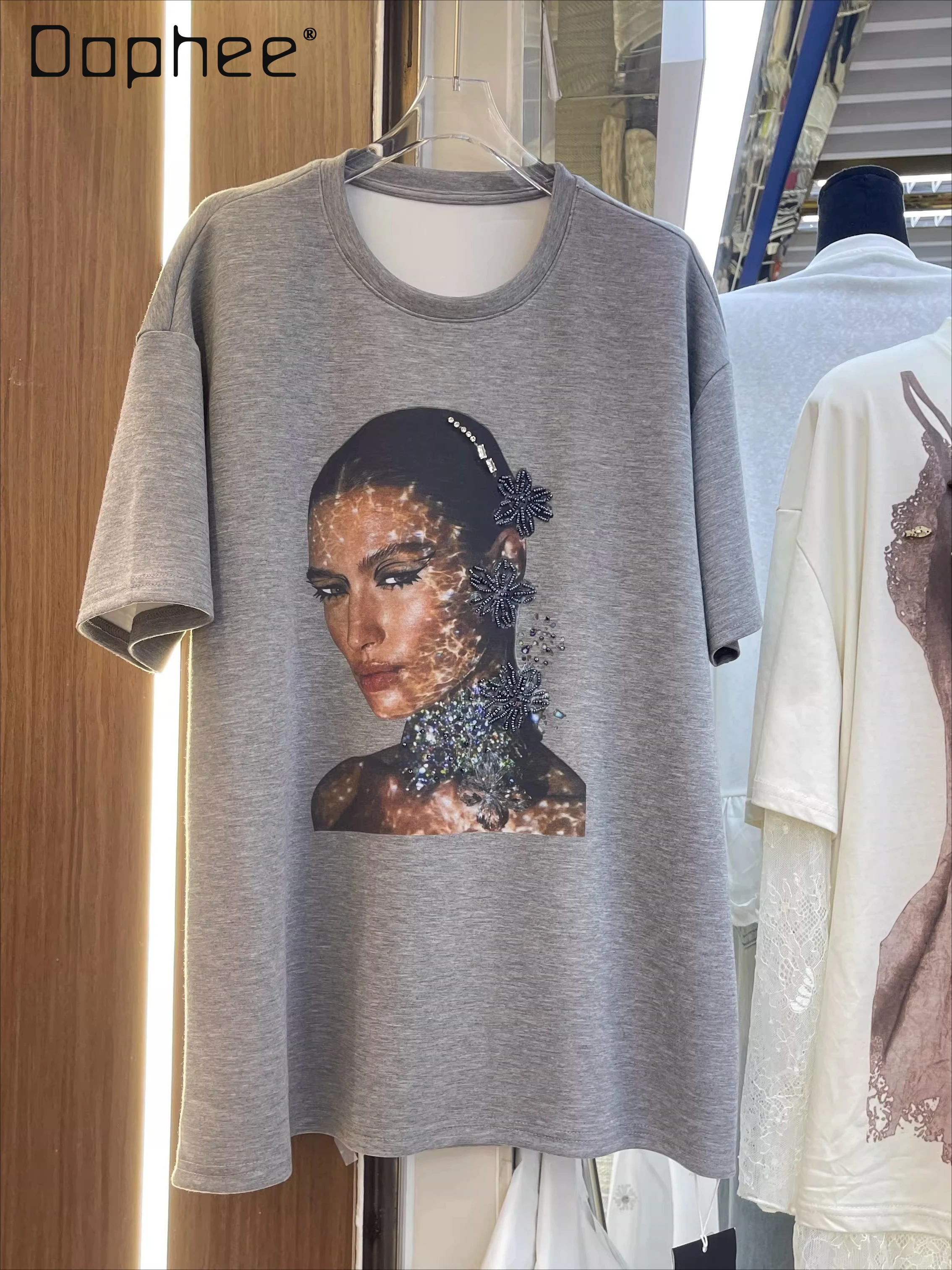 

European Station Loose Tee 2026 Summer New Crew Neck Beauty Print Short Sleeve T-Shirt Loose Round Neck Oversized Top