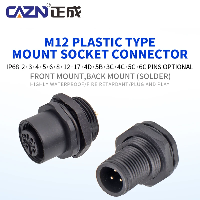 M12 Plastic Solder Socket Male Female Front Back Mount 2 3 4 5 6 8 12 17 Pin A/B/D code IP67 for Factory Automation & Equipment