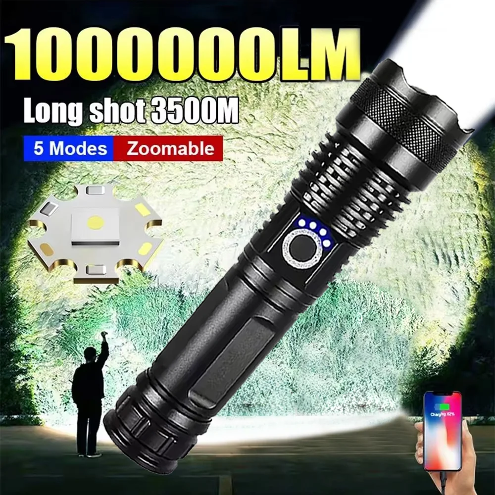 

1000000LM Bright Spotlight Long Range LED Flashlight Type-C Charging Strong Lamp Tactical Torch Waterproof Zoom Camping Lantern