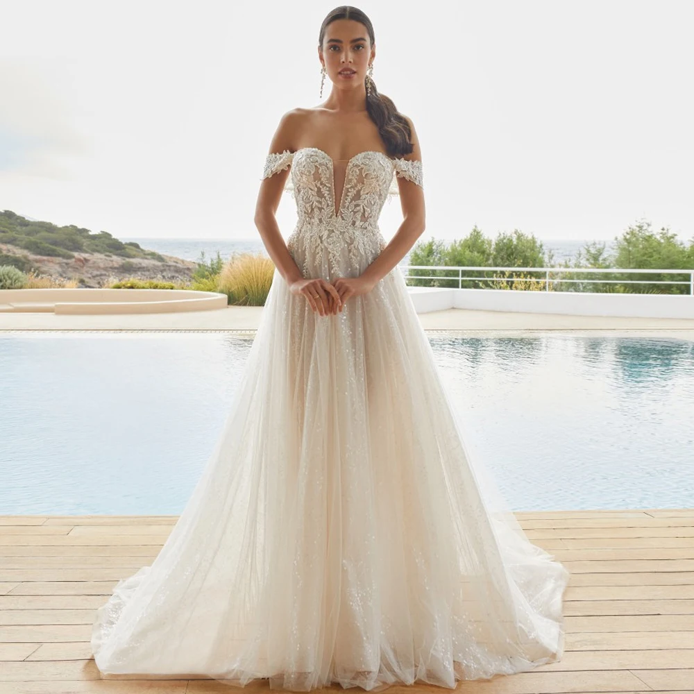 Customized Off Shoulder Sleeves Wedding Dresses V Neck Zipper Back Bridal Growns Applique Lace Floor Length New Vestido de novia