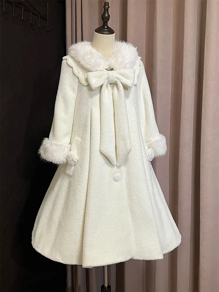 Winter Sweet Kawaii Plush Long Coat Women Japanese Bow Lolita College Style Elegant Warm Overcoat Female Y2k Design Outfits New