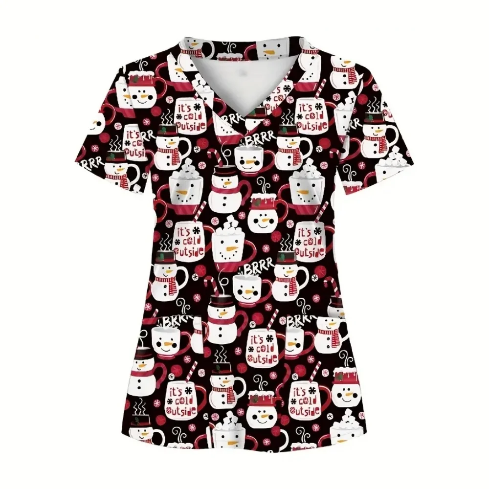 Kerst Verpleegster Uniform Vrouw Sneeuwpop Print Micro-elastische Tandheelkundige Verpleegster Tops Mode V-hals Korte Mouwen Medische Uniformen voor Dames