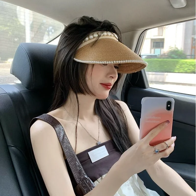 Japanese Fresh Style Raffia Visor Hat Pearl Decor Hollow Top Sun Hat Women Beach Headband Hat