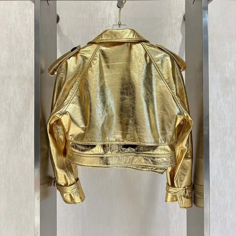 Chaqueta de cuero genuino color dorado abrigo de mujer primavera y otoño ropa con cuello vuelto manga corta con hombros caídos