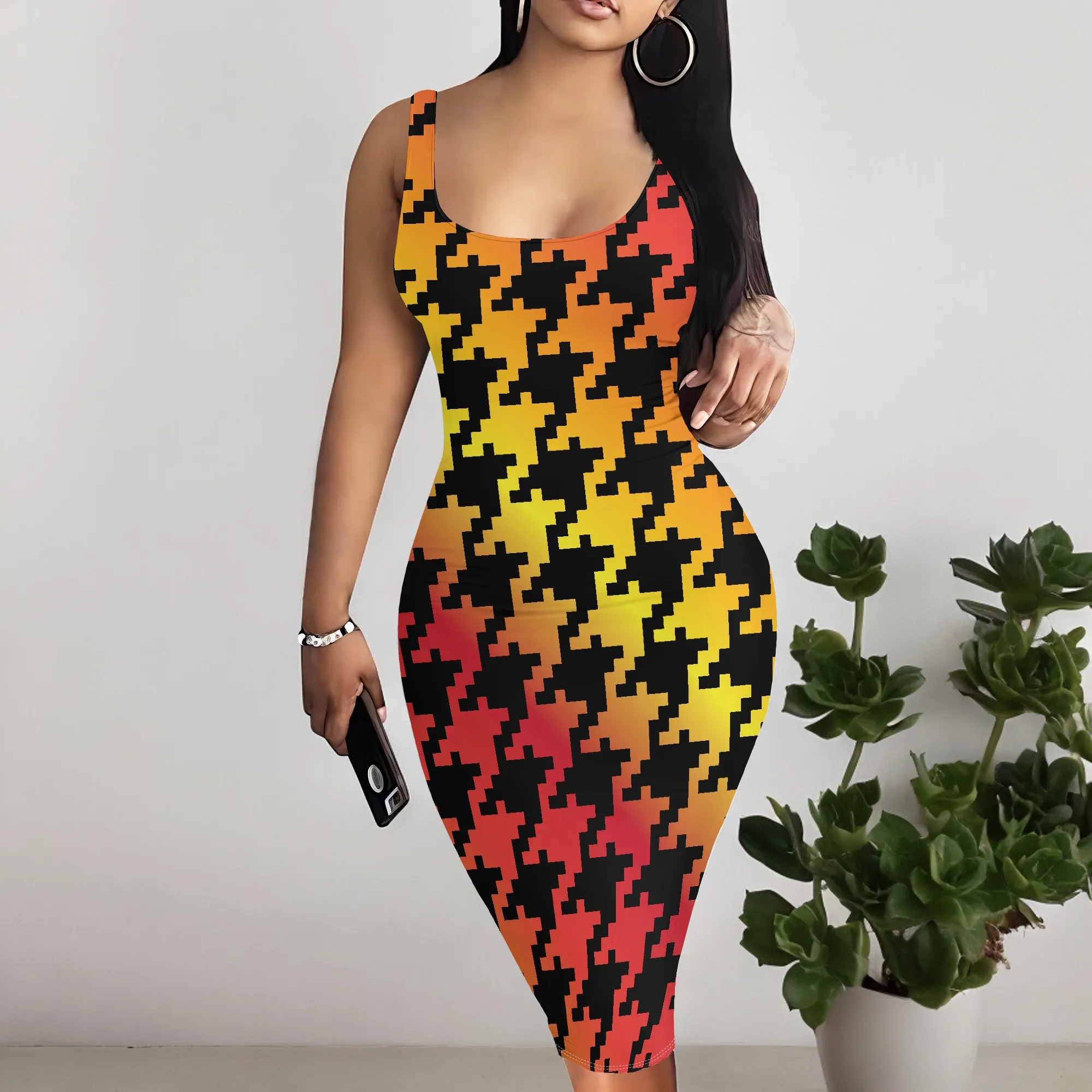 

Women's Ombre Houndstooth Print Bodycon Dress Sexy Sleeveless Midi Party Dress S-3XL