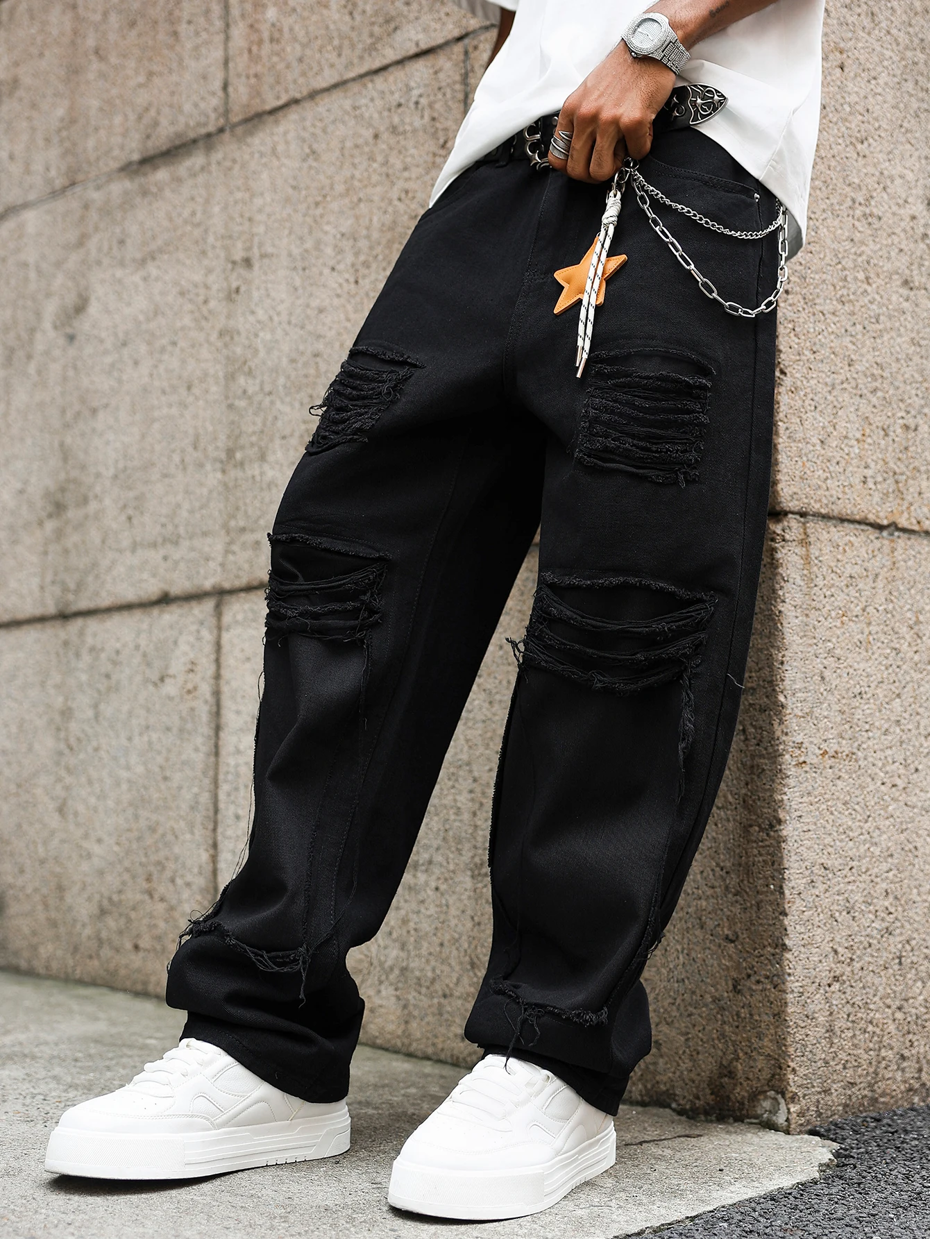 Herren Hollow-out Y2K Baggy Denim Jeans für Männer Mode Freizeithosen Streetwear Hip-Hop Denim Weites Bein Schwarz Tägliche gerade Hosen