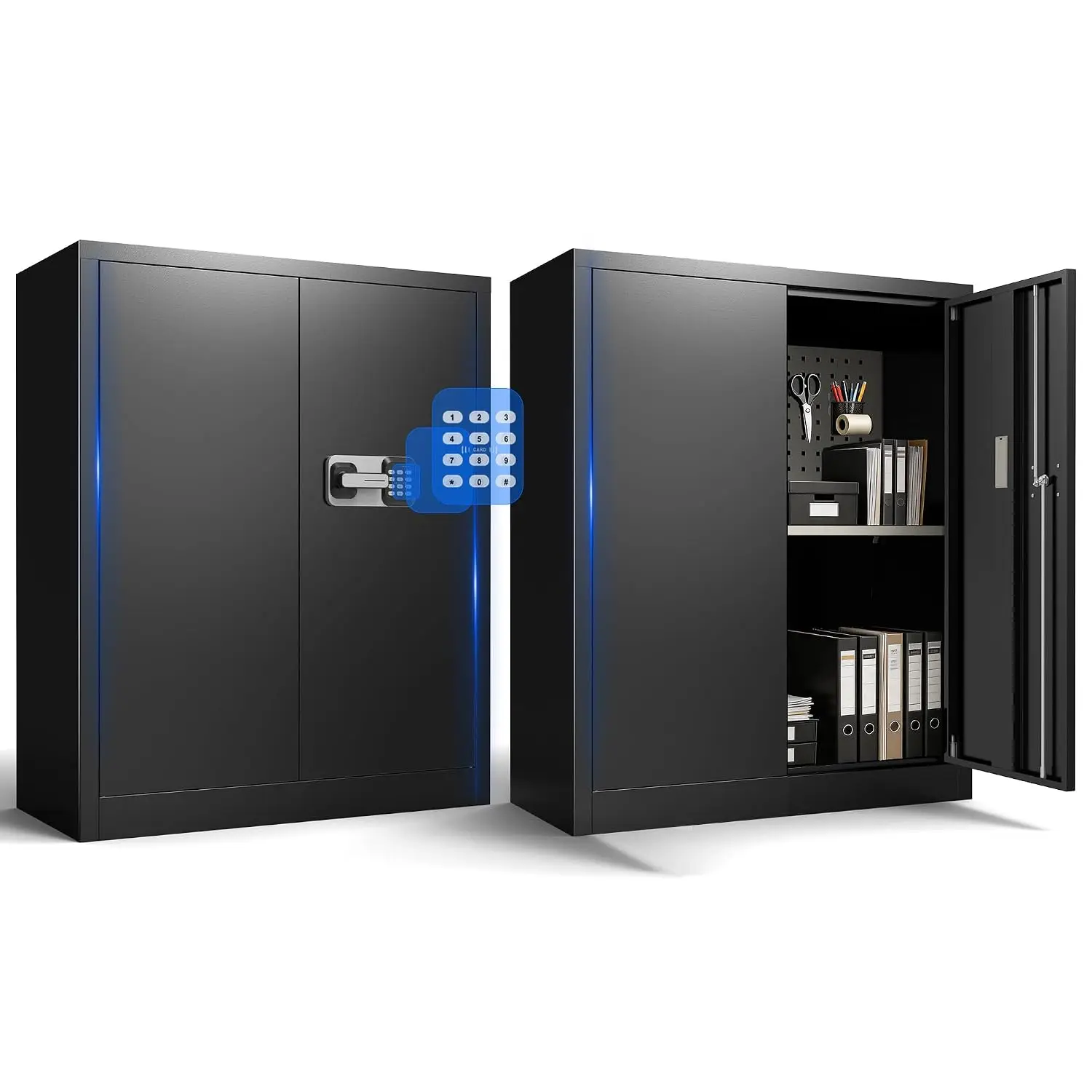 Metal Storage Cabinet with Alarm & Adjustable Shelves, Door Pegboard Hooks for Home Office, 43.3
