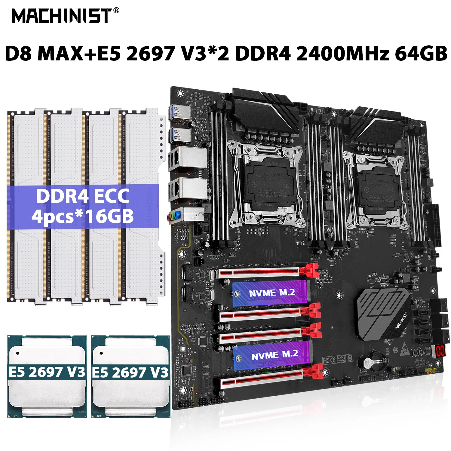 MACHINIST-X99 d8 maxマザーボードセット,lga 2011-3キット,xeon e5 2697 v3プロセッサ,cpu x 2,ddr4,64gb,4x16gb,2400mhz,eccメモリ,ram ssd