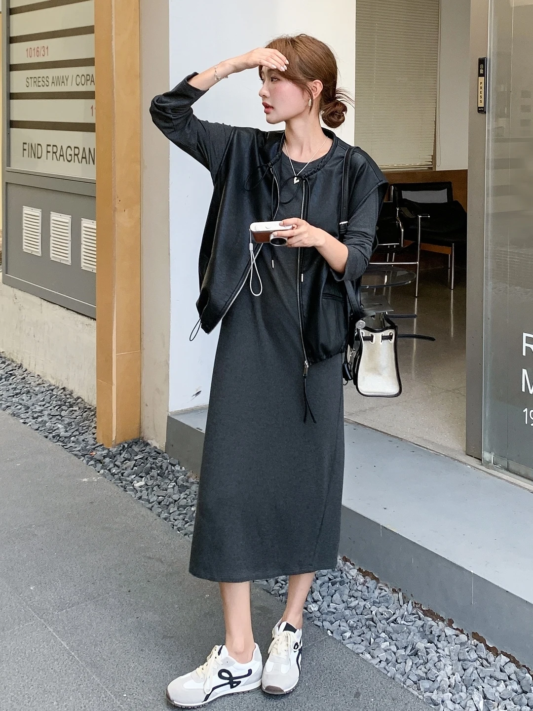 

Spring 2026 Women's Casual Slimming Dress Two-Piece Set PU Leather Vest Sweatshirt Dress Chic High Waist Short Length Uniform...