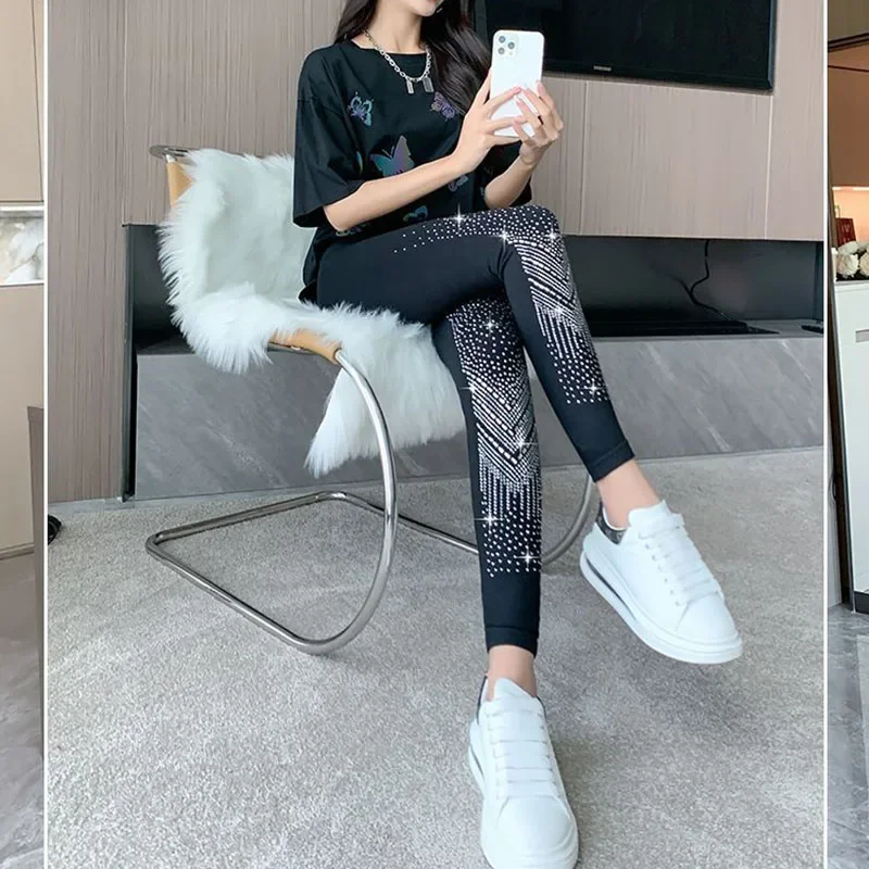 

FANAN Black Stretch Rhinestone Skinny Leggings Women Autumn Winter Thick Velvet Ankle-Length Pants Tide Elasticit Shinny Legging