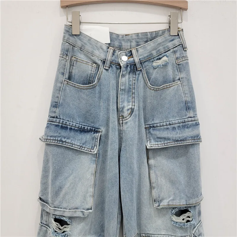 ANJY otoño nuevas mujeres Chic Cargo Jeans multi-bolsillo rasgado recto estilo Safari High Street moda Casual Y2K pantalones vaqueros A9395