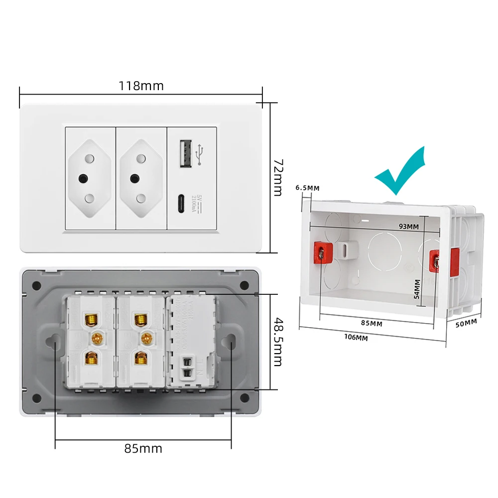 VISWE USB Type-c Brazil Standard Power Outlet 10A/20A AC 250V,118mm*72mm Plastic Panel, BR Electric plug usb Wall Socket