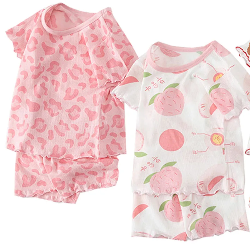 1Set Kids Cartoon Leopard Print Clothing Summer Thin Baby Fashion Short Sleeve Suits Girls T-Shirts+Shorts Children Outfits