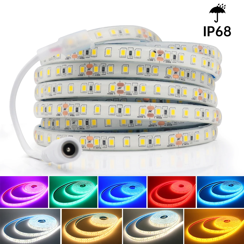 5M 10M 15M 20M IP68 Flexible LED Strip 2835 DC24V 120LEDs/m Waterproof Outdoor Lamp Strip Red Ice Blue Green Yellow Light Bar