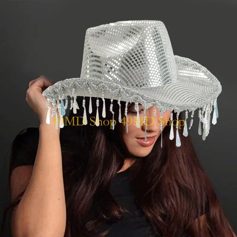 49MD Silver Cowboy Hats Raindrop Tassels Party Bride Hat for Wedding Music Festival