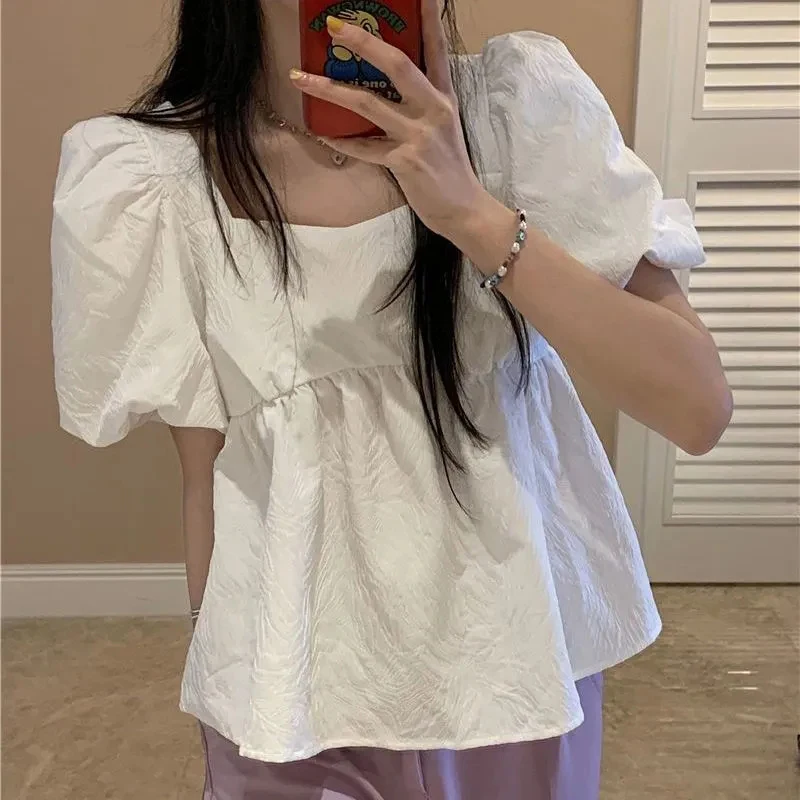 Sweet Women T Shirt French Square Collar Puff Sleeve Chic Simple Crop Tops Summer New Fashion All Match Solid Female Blouse