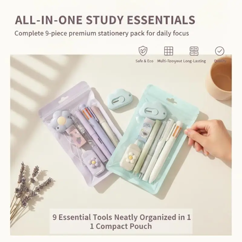 6/7/8Pcs Portable Multi Functional Stationery Kit Writing Supplies Set Back to Stationery Pack for Student Daily Study Use