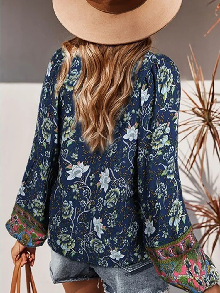 Top con maniche a lanterna vintage Abbigliamento femminile Camicetta con stampa bohémien Donna Lace Up Primavera Autunno Blusas Femme Camicie Novità