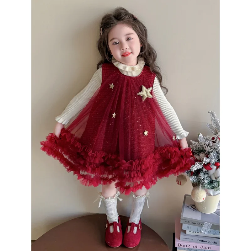 

Girls' Dress Autumn Winter Outfit2025New Style Baby Girl Vest Dress Stylish Tulle Dress Children's Princess Dress Two-Piece Set