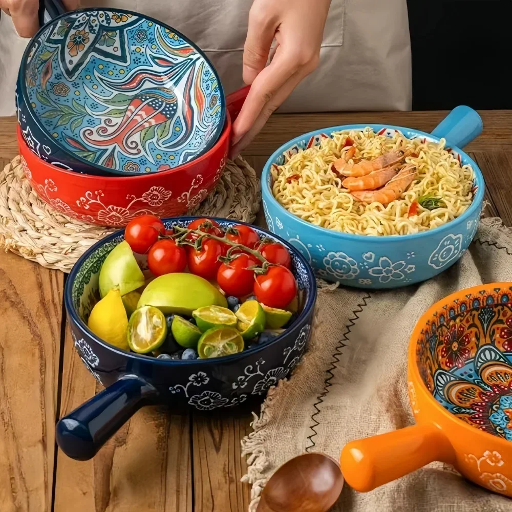 Bohemian Ceramic Hand-Painted Embossed Patterned Salad Bowl with Handle Kitchen Bakeware Microwave & Oven Safe 1 pc