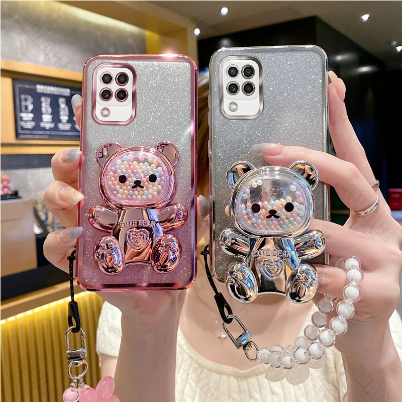 A 22 A 12 M 12 F 12 Flower Strap Bear Phone Holder Case On For Samsung Galaxy A22 4G 5G A12 M12 F12 Stand Cover