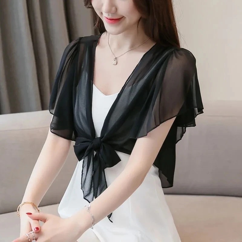 Korean Short Chiffon Bow Sunscreen Shawl Women\'s Summer Thin Transparent Blouse Shoulders Fake Collar Cape Knotted Scarf T95