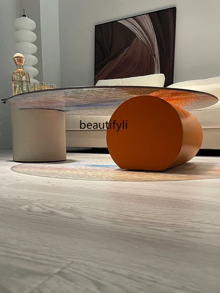 sscn8617 Italian Minimalist round FRP Marble Water Ripple Glass Plastic Tea Table