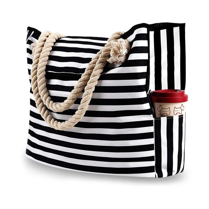 Handbag Black and White Striped Large Capacity Beach Bags Tote Crossbody Fashion Printed Women\'s Canvas Shoulder