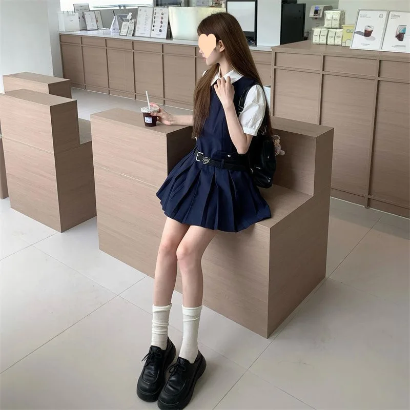 2025 جديد الصيف اليابانية الكورية Preppy الخصر مقصوص قصيرة الأكمام قميص المرأة لطيف Kawaii أكمام مطوي التنانير 2 قطعة مجموعة #5