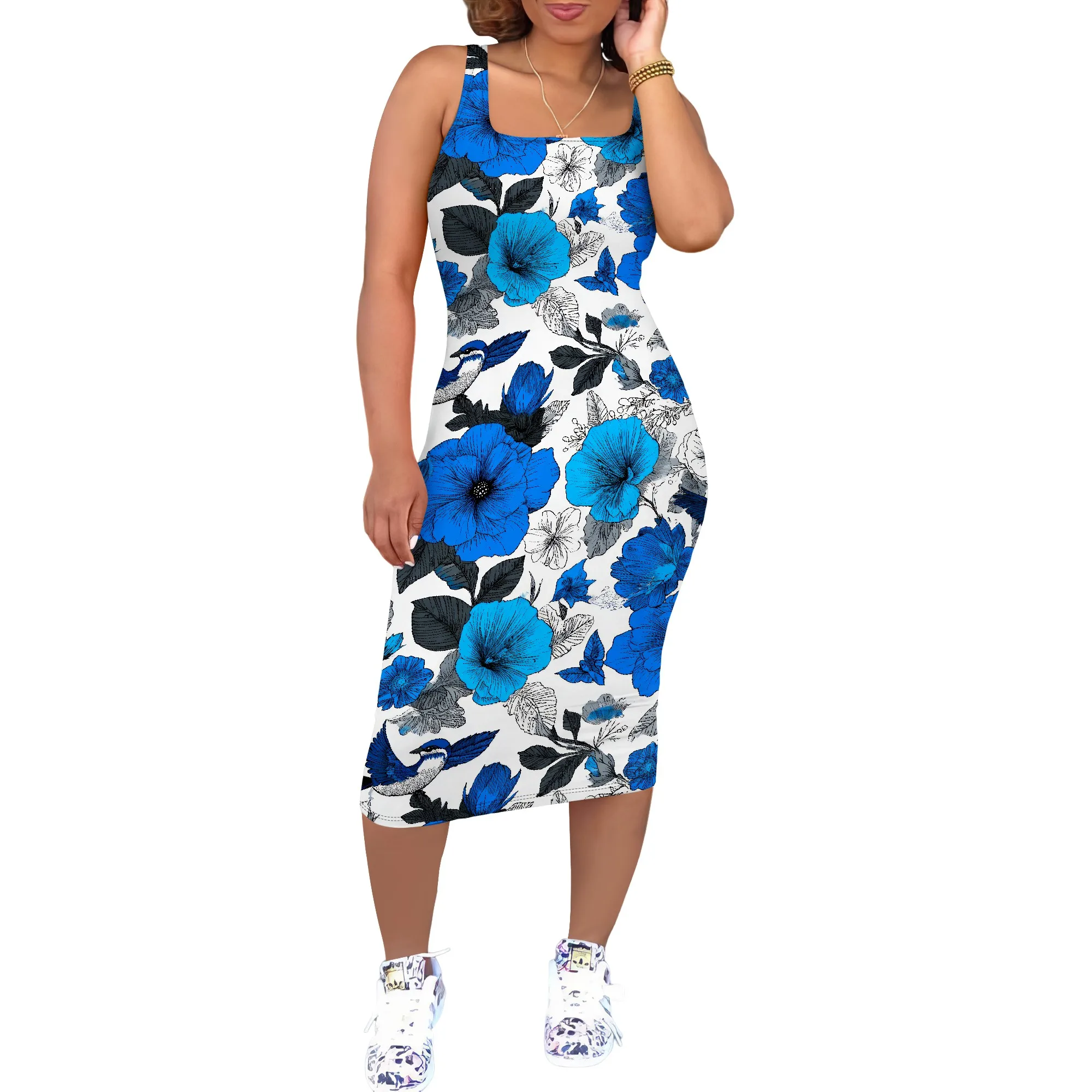 Casual Dresses for Women 2025 Summer Spaghetti Strap V Neck Backless Floral Dress A-Line Beach Holiday Vacation Midi Dress