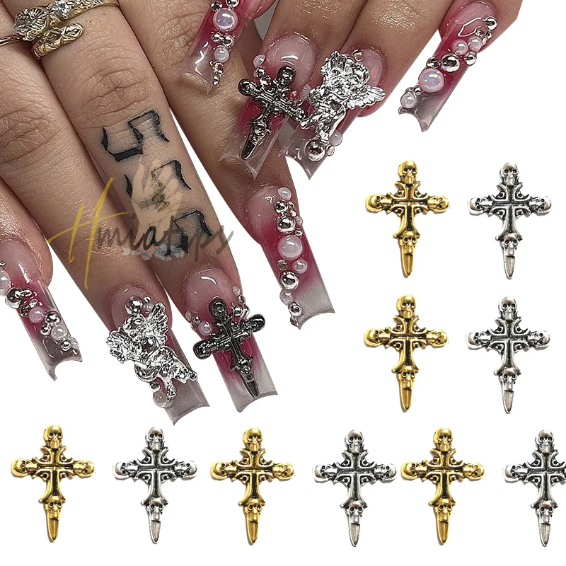 3D Alloy Punk Cross Nail Charms Luxury Cross Shape Glitter Nail Art Decorations Press on Salon Acrylic Manicure Decor Tools