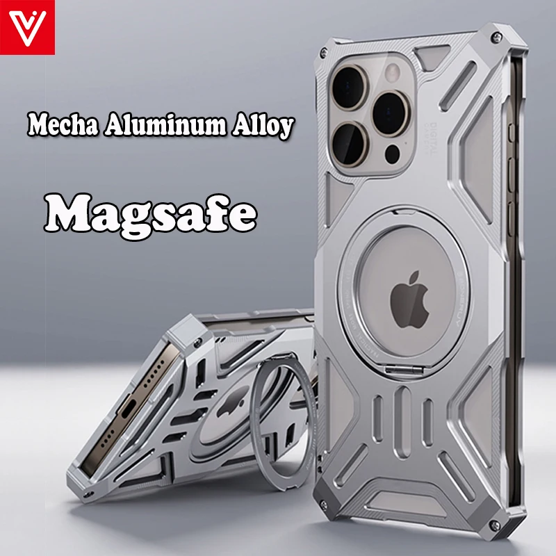 Mecha Aluminum Alloy Magnetic Phone Case For iPhone 13 14 15 Pro Max  Metal Heat Dissipation Magsafe Cover For IPhone 15ProMax