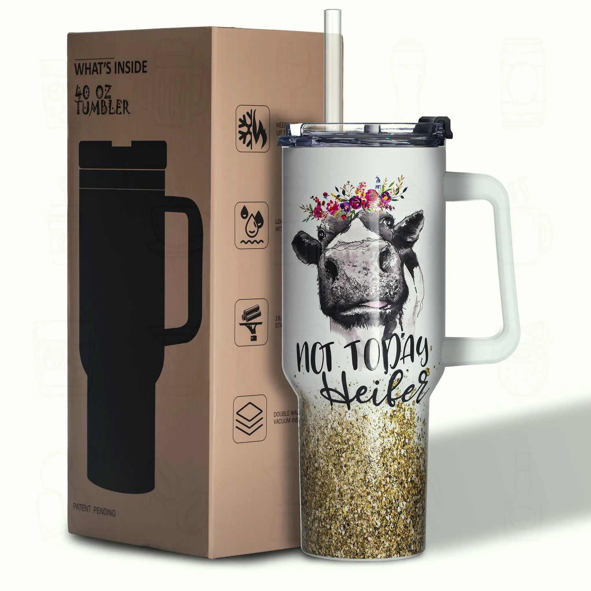 

40oz Stainless Steel Vacuum Insulated Cow Print Tumbler with Handle, Glitter Finish, Gift for Farm Lovers or Cowgirls