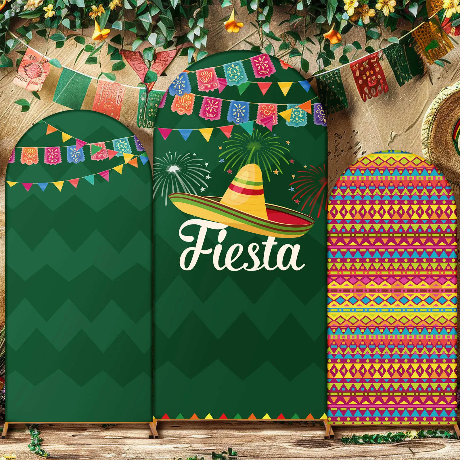 Mocsicka Custom 2-Sided Arch Cover Backdrop Mexican Fiesta Sombrero Color Flag Stripes Cinco De Mayo Festival Party Background
