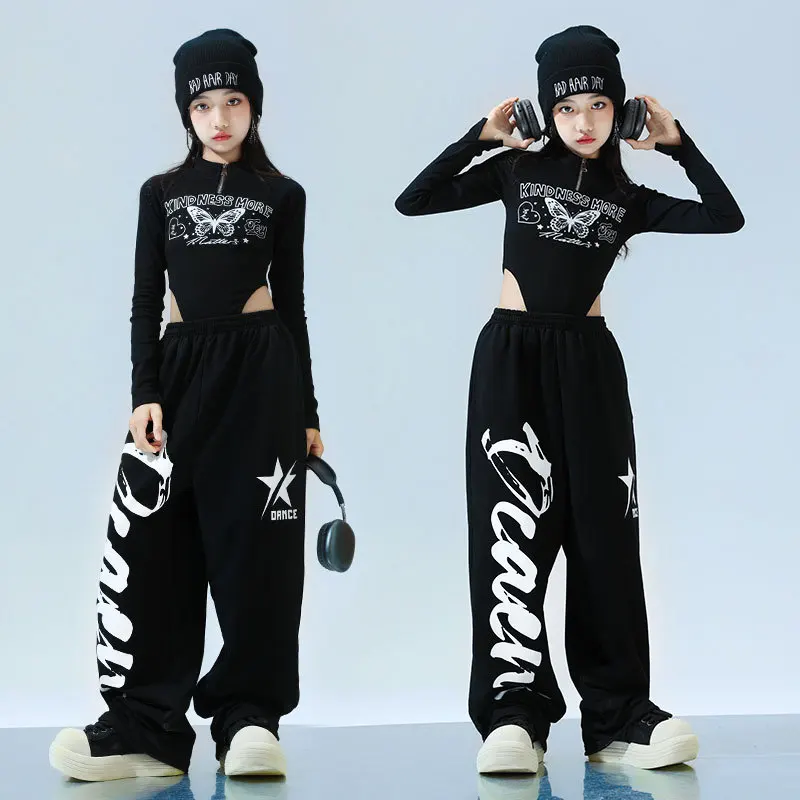 زي رقص هيب هوب للأطفال، نموذج فتاة، أكمام طويلة، نمط عصري، طقم بنطلون أسود