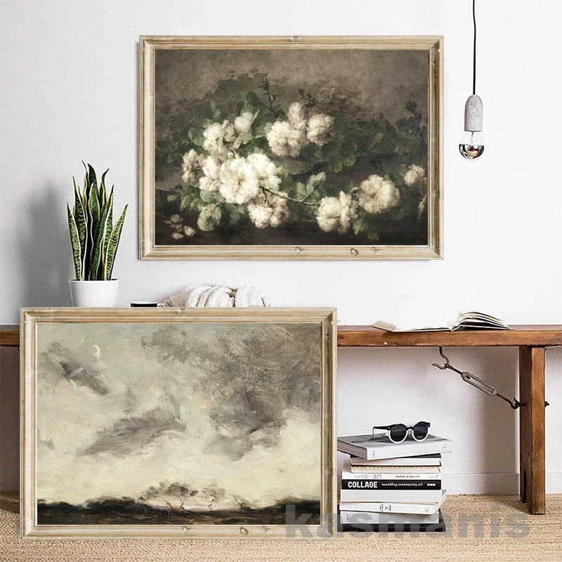 Vintage County Landscape Gallery Wall Art Prints Rustic Moody Cloud Oil Painting Canvas Prints Antique Flower Pictures Decor