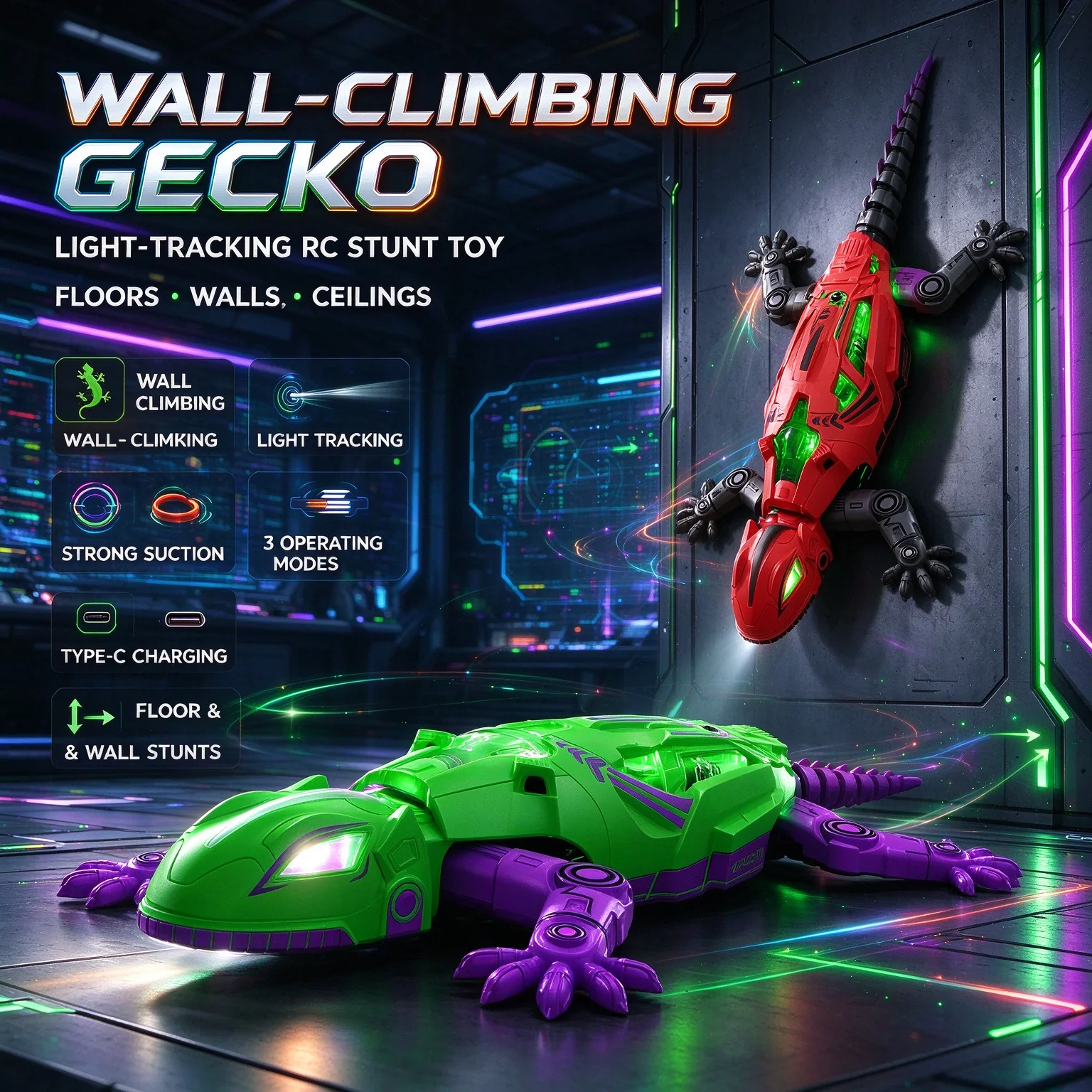 RC Lizard Climbing Toy, Vacuum Suction Multi-Surface Vehicle for Wall & Ceiling with Light-Tracking, Toy Gift for Boys Kids