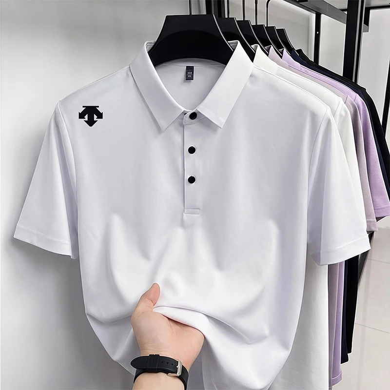 Men's Ice Silk Quick-Dry Polo Shirts, Summer Lightweight Breathable Seamless Turn-Down Collar Short Sleeve T-Shirts for Men