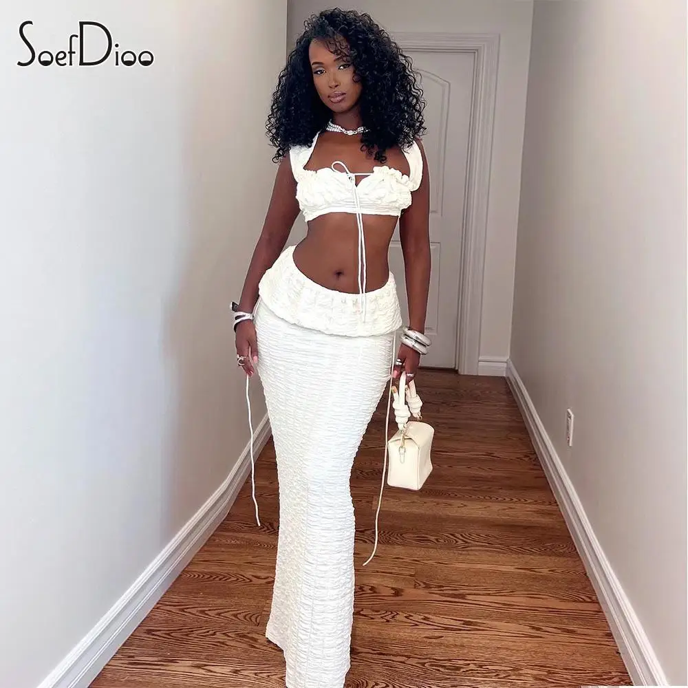 

Soefdioo Elegant White 2 Piece Sets Women Sexy Hollow Bandage Crop Tank Tops and Maxi Skirt Matching 2025 Vacation Outfits