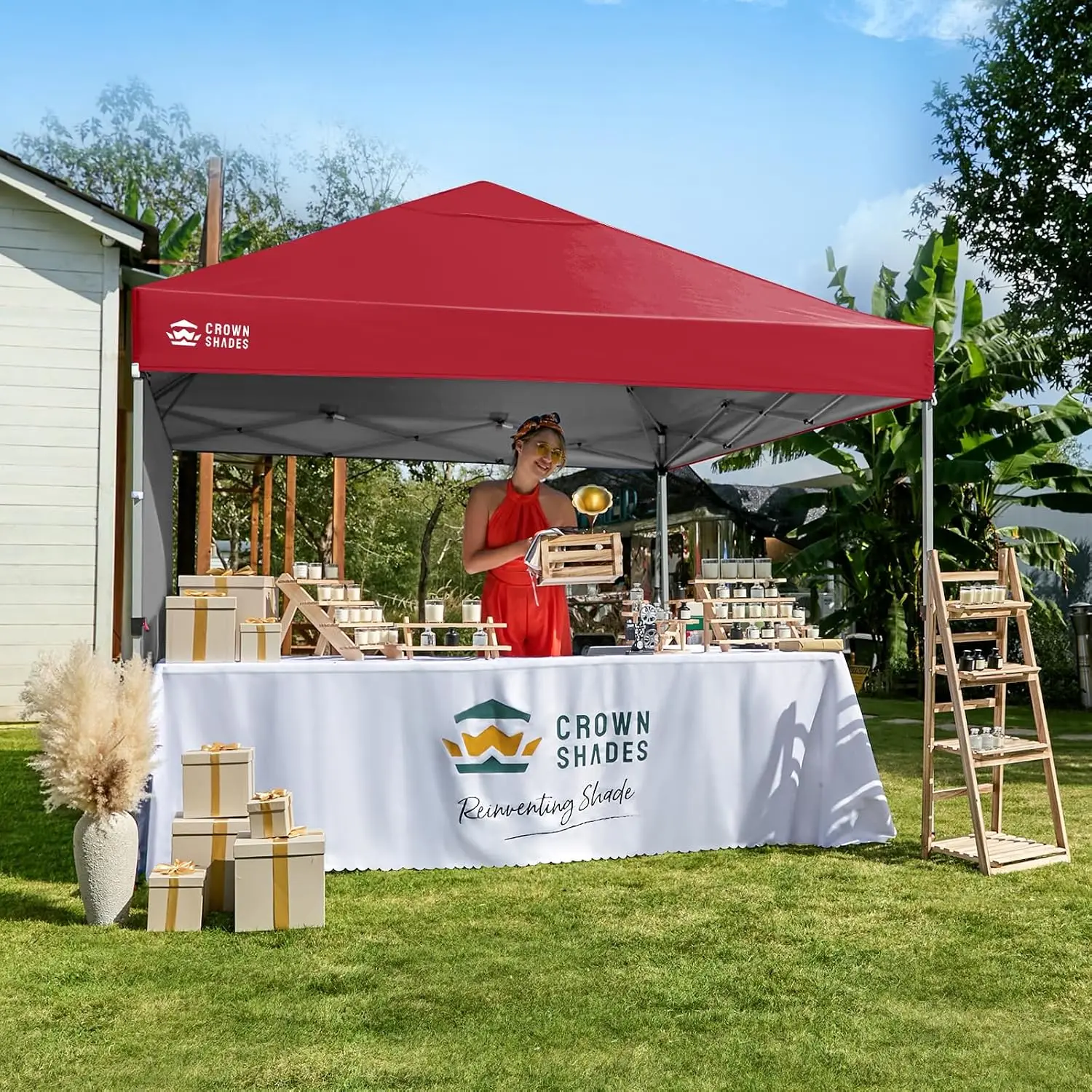 8x8 Pop Up Canopy with 1 Side Wall, Beach Canopy Tent, Red, Customized
