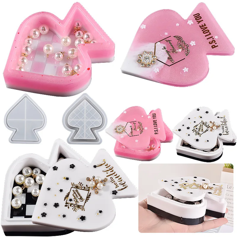 DIY Spade Heart Storage Box Epoxy Resin Mold Spade Heart Checkerboard Jewelry Storage Box Mould Home Decor