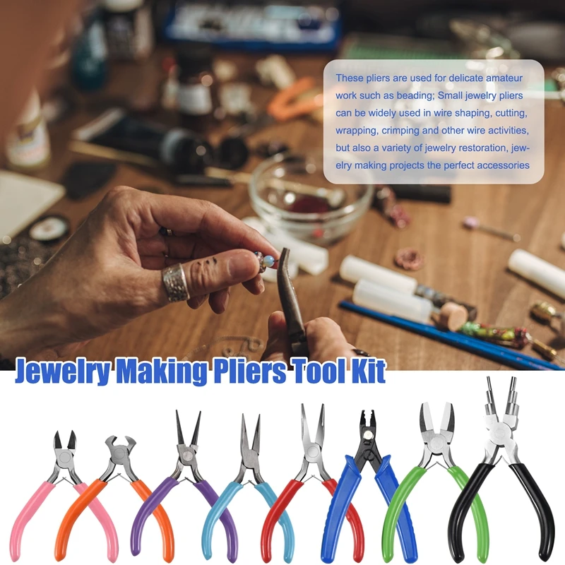 AB47-8 Pieces Jewelry Making Pliers Tool Kit, Needle Nose Pliers, Round Nose Pliers, Nylon Jaw Pliers For Jewelry DIY