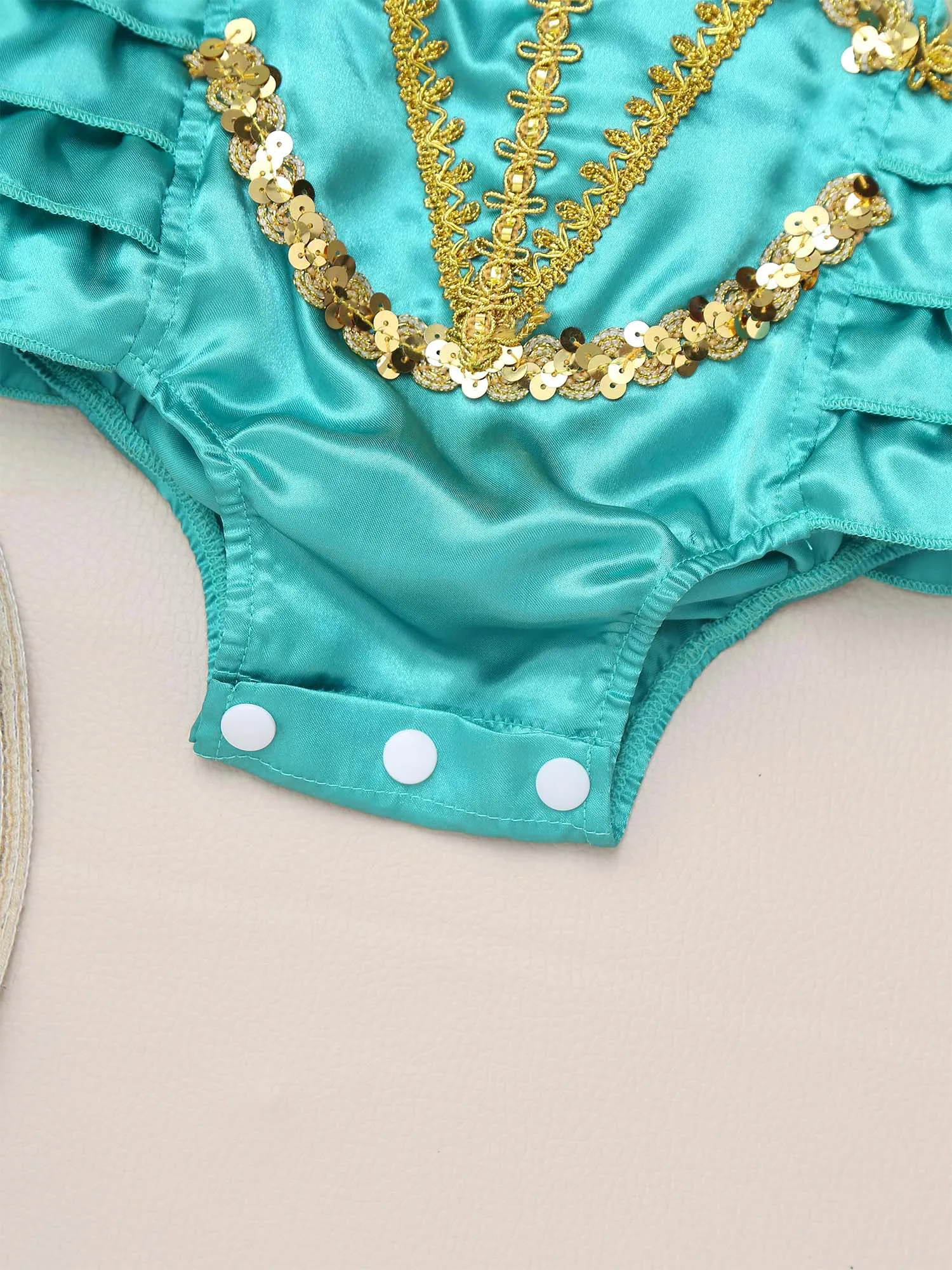 0-2T Girls Arabian Princess Romper Halloween Cosplay Costume Sleeveless Backless Shiny Sequins Bodysuit Photography Clothes image 4