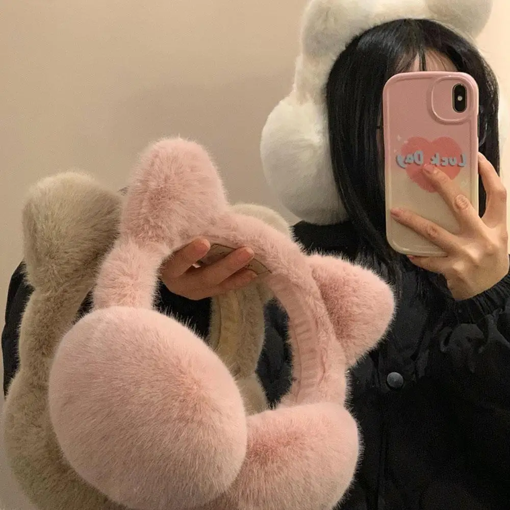 Windproof Ear Cover Retractable Plush Ear Warmers Foldable Cat Ear Earmuffs Fluffy Solid Color Cute Warm Winter Ear Protection